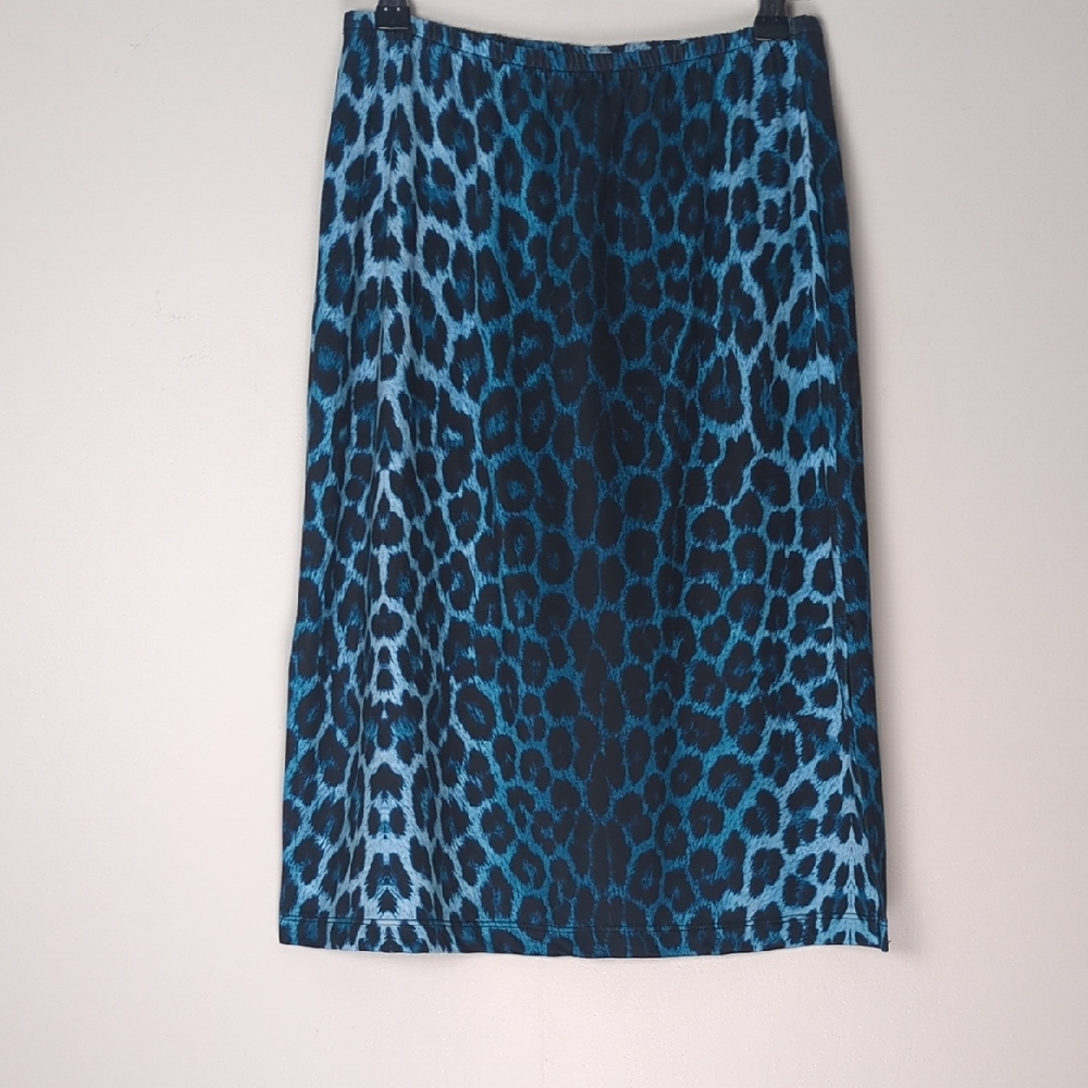 Vintage Pelican Cove Blue Leopard Print Midi Skirt Small